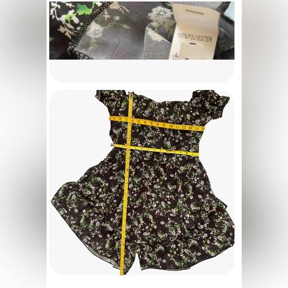 Womens Boho Playsuit Romper Medium M Black Green Floral Off The Shoulder Lined - Picture 16 of 16
